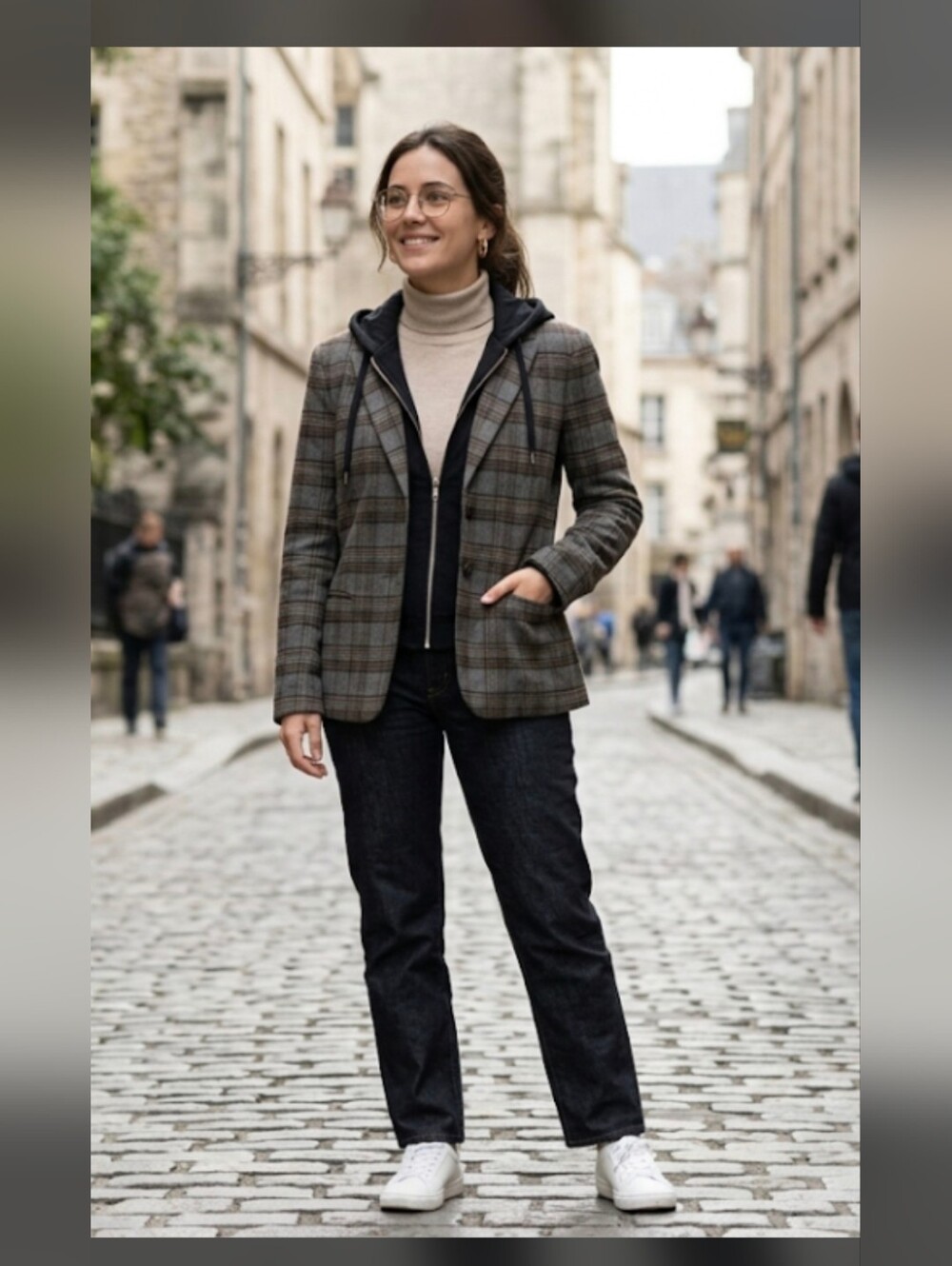 Tommy Hilfiger Hooded Plaid Blazer Jacket, 2-in-1 Layered Gray/Brown Blazer Size